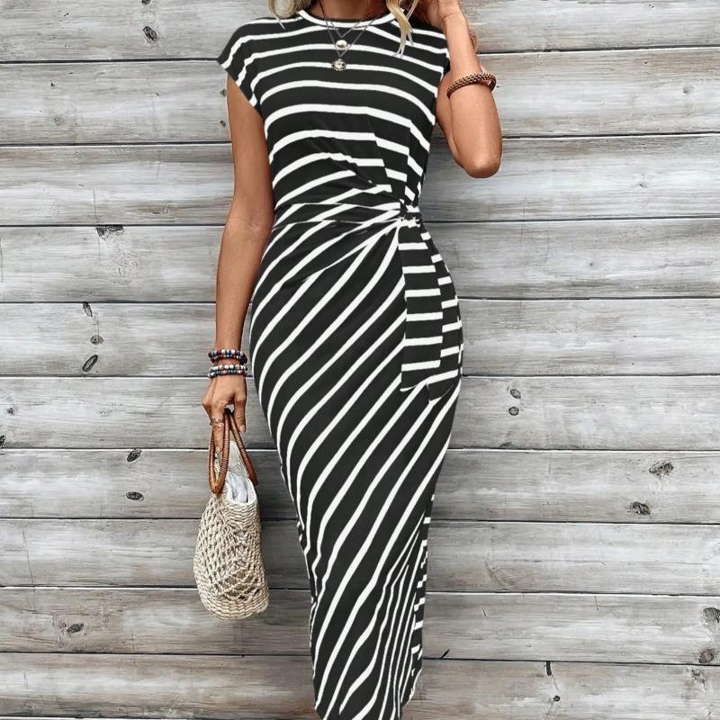 Sommer Damen Modisches und Elegantes Gestreiftes Rundhals Kurzarm Langes Kleid