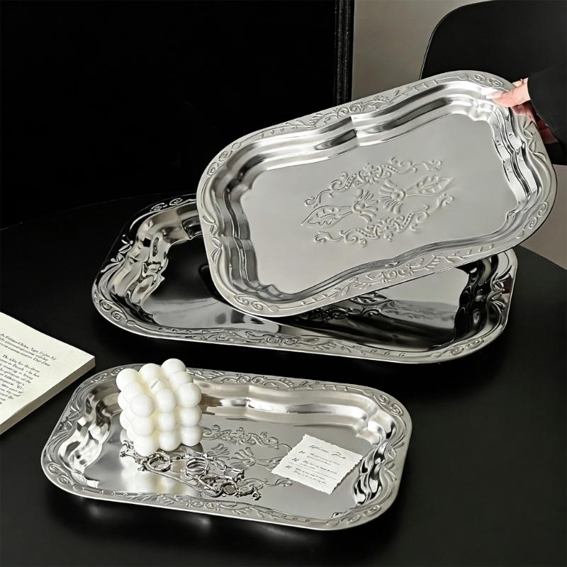 Elegant French Style Metal Tray Engraved Floral Pattern For Serving Snacks Fruits And Appetizers In Homes Or Restaurant