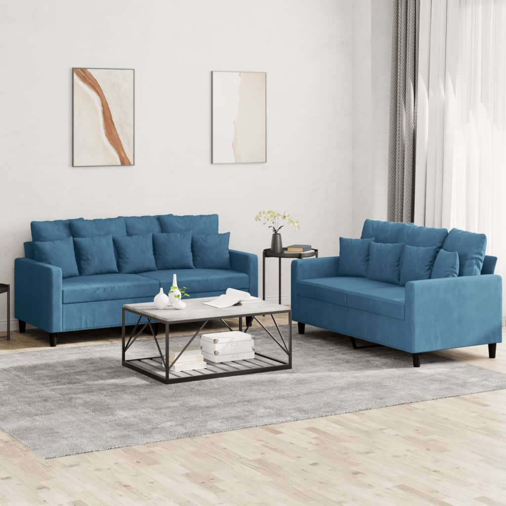 2 Piece Sofa Set with Cushions Blue Velvet