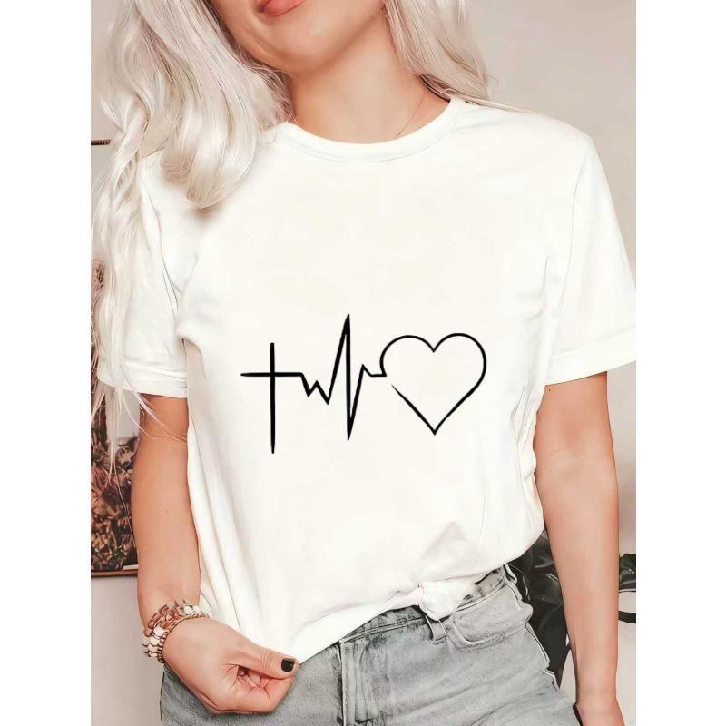 

Oversized T Shirt Black Heartbeat And Heart Print Casual Wear For Women Summer Outfit Streetwear Fashion Top S