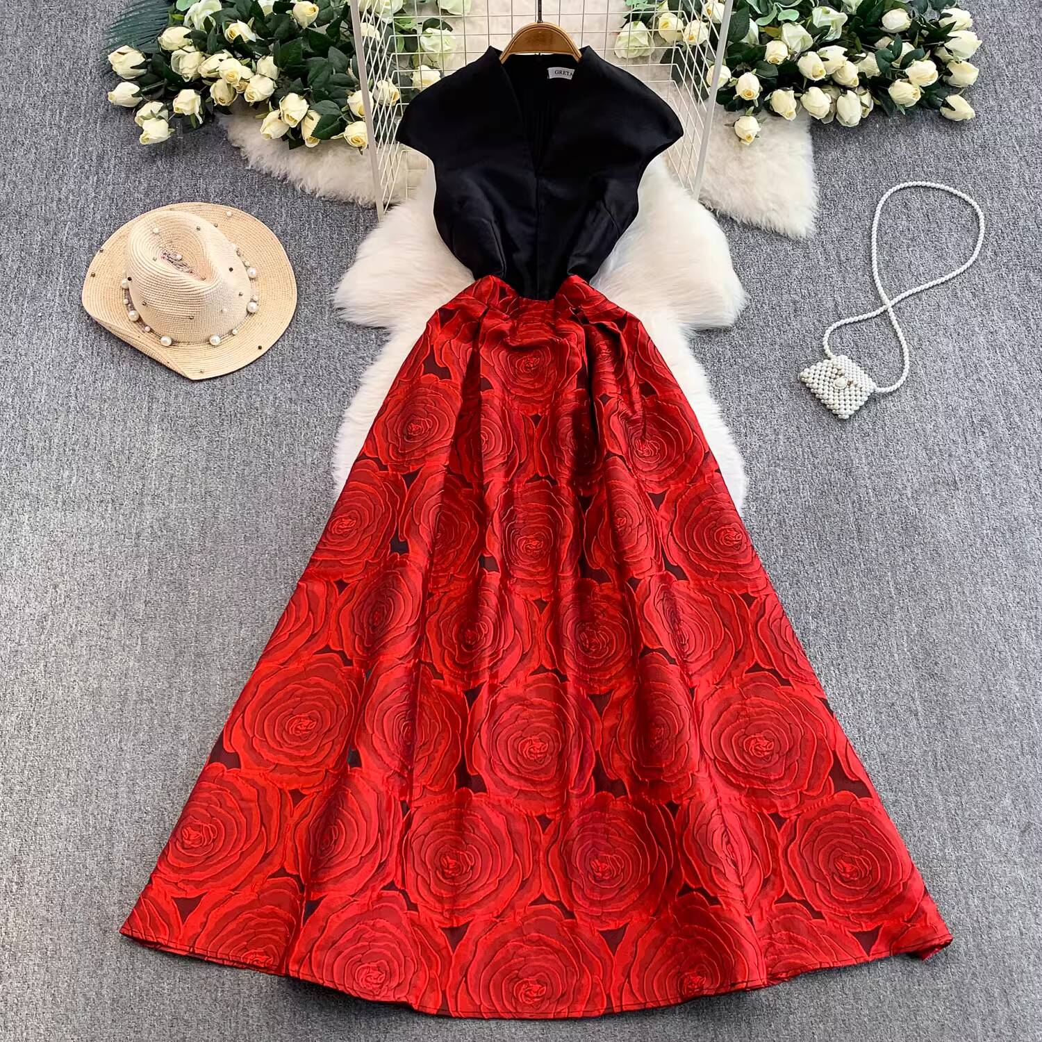 Элегантное Женское Вечернее Платье Контрастного Цвета с Высокой Талией Красивое Шикарное Жаккардовое Стяжки на Талии А-силуэт Весеннее Новое Женское ПЛАТЬЕ S красный