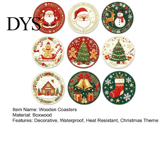 Kitchen Dining Table Accessories 9Pcs Christmas Wooden Coasters Set, Heat Resistant Cup Mats, Waterproof Pads for Round Protection Mats Home