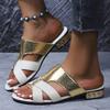 Women's Open Toe Chunky Heel Sandals, Stylish Casual Summer Slides, Metallic Gold Silver Plus Size Shoes