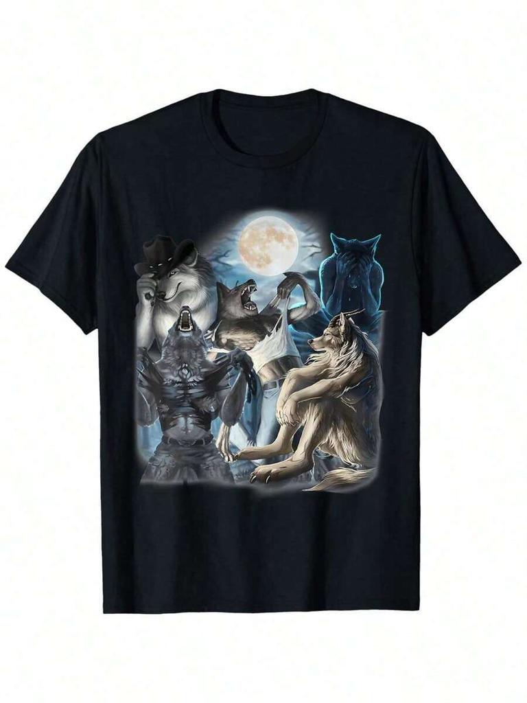 Alpha Wolf Howling Moon Vintage 90 S Retro Wolf Unisex Boy Graphic Tees Summer Tshirt Short Sleeve