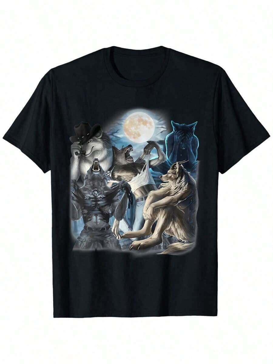 Alpha Wolf Howling Moon Vintage 90 S Retro Wolf Unisex Boy Graphic Tees Summer Tshirt Short Sleeve 2XL