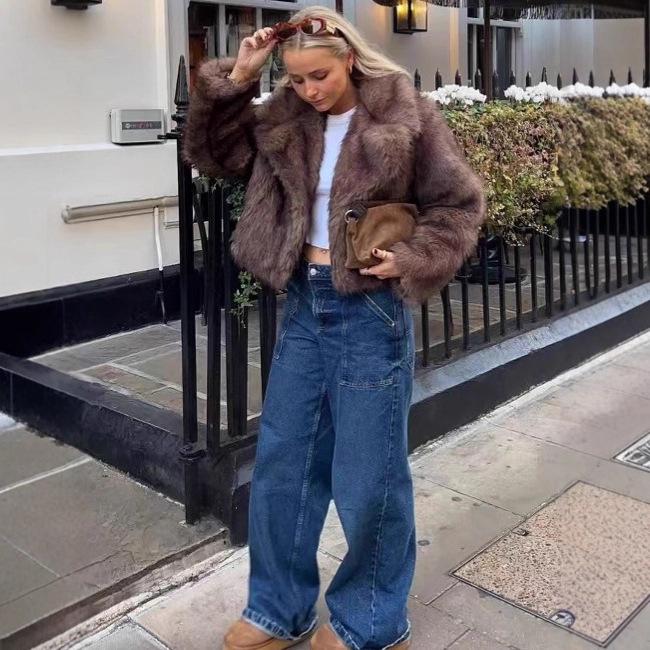 Eco-Friendly Faux Fox Fur Lapel Coat - European & American Fashion, Winter 2025 Women's Style