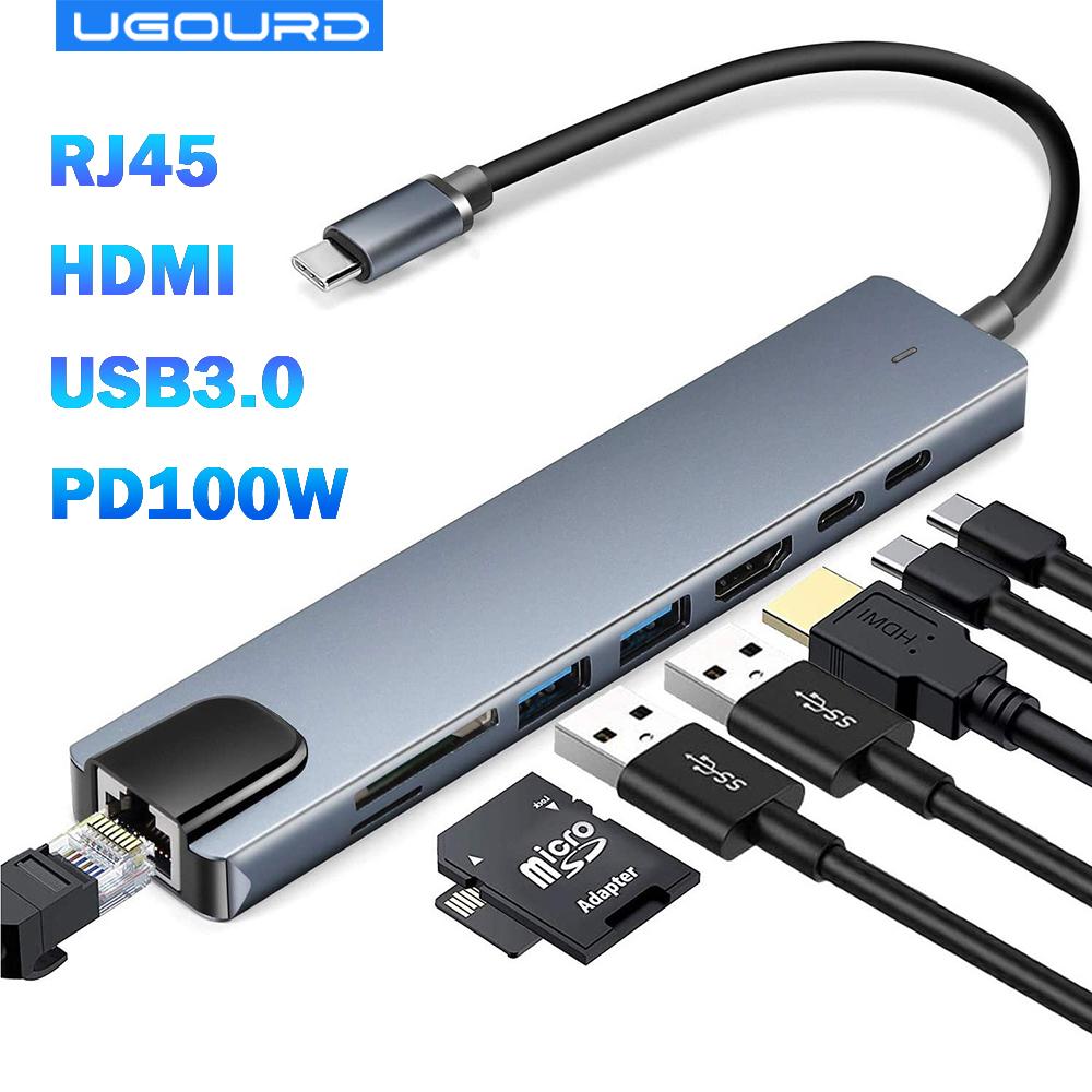 

USB 3.0 Type C HUB Док-станция USB C для HDMI 4K 30 Гц Type C для RJ45 1000 Мбит/с Ethernet-адаптер VGA-удлинитель для наушников PD 100 Вт