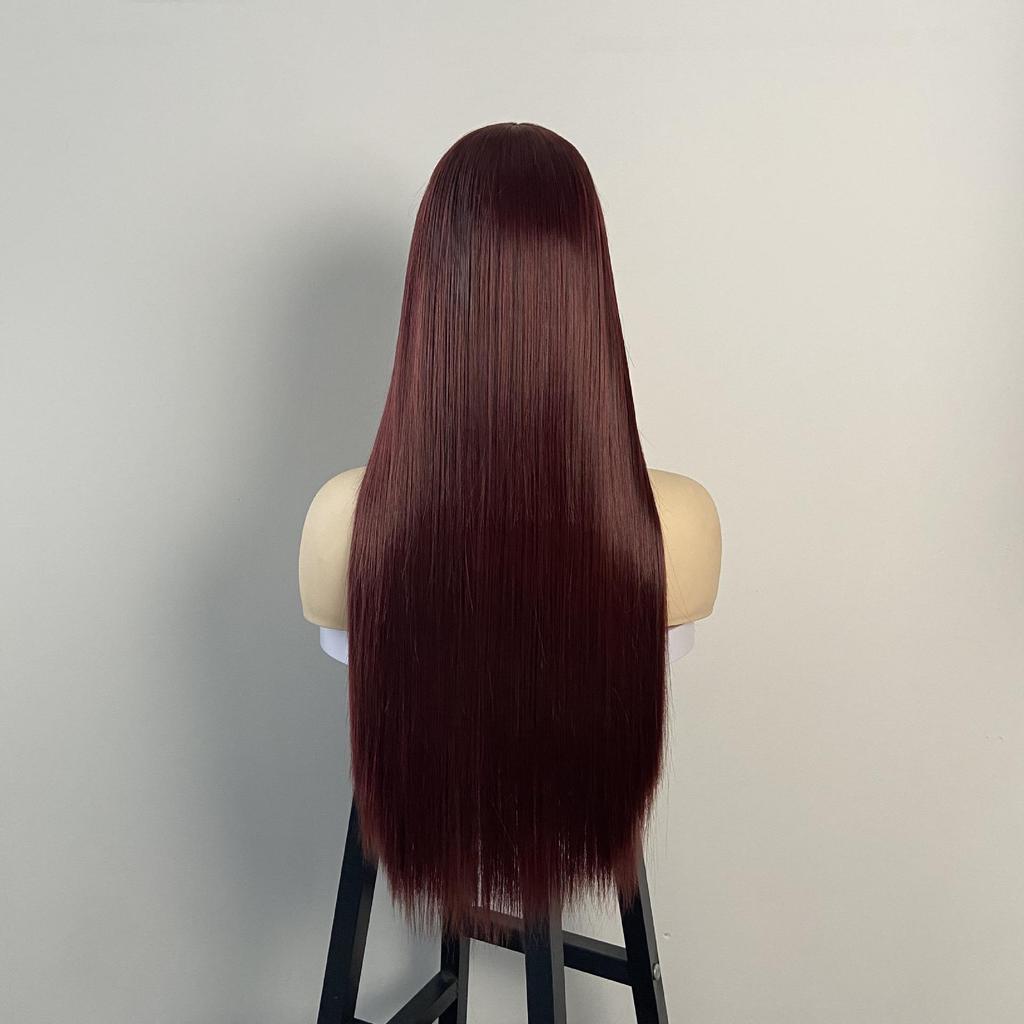 Burgundy Long Straight Fashion Wig with Simulated Scalp for Women