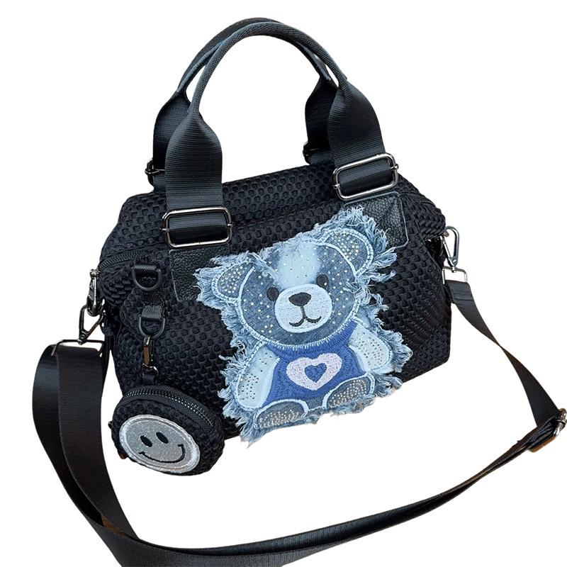 Fashion Bag Women's New Handbag Tote Bag Waterproof Nylon Shoulder Bag Cute Bear Sticker Versatile Messenger Bag with Small Bag