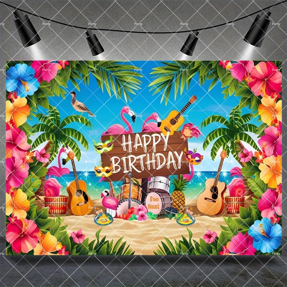 Hawaiian Tropical Summer Beach Background with Flamencos, Flowers, Aloha, Luau, Surfboard, for Parties, Photographic Studio Decoration