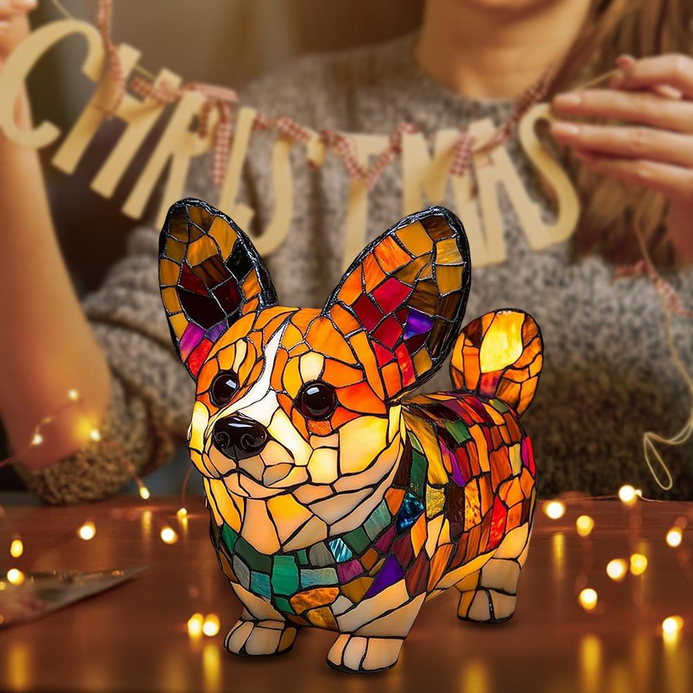 LED Animal Resin Table Lamp Dog Series Art Night Light 3D Stained Glass Cute Dog Bedside Lamp for Living Room Bedroom Decoration