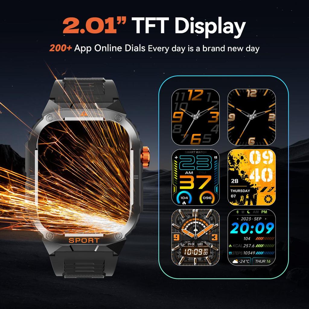 QTLLBT Ceas inteligent militar cu apel Bluetooth, rezistent la apă IP67, monitor de ritm cardiac și tensiune arterială, monitor de fitness și pedometru bărbați femei