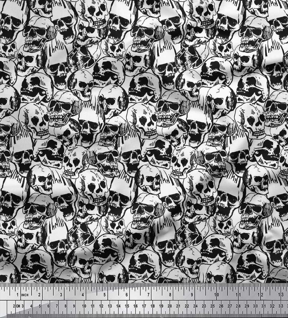 Soimoi Japan Crepe Satin Fabric Horror Skull Halloween Printed Craft Fabric by the Metre 42 Inch