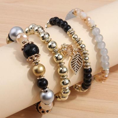 4 Stück Modischer und Schlichter Kristallperlenanhänger mit Ästen Blättern Vielseitiges Mehrlagiges Perlen-Temperament Damenarmband