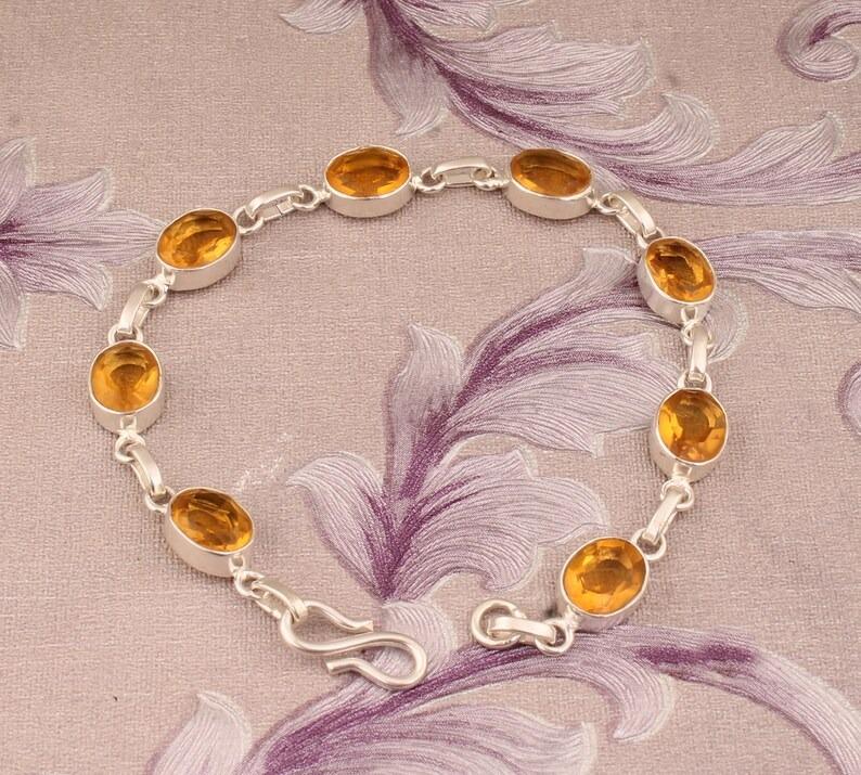 Bracciale Boho Designer in Argento Sterling 925 Massiccio con Pietra di Citrino Bracciale Tennis Gioielli con Charms Regalo per Lei