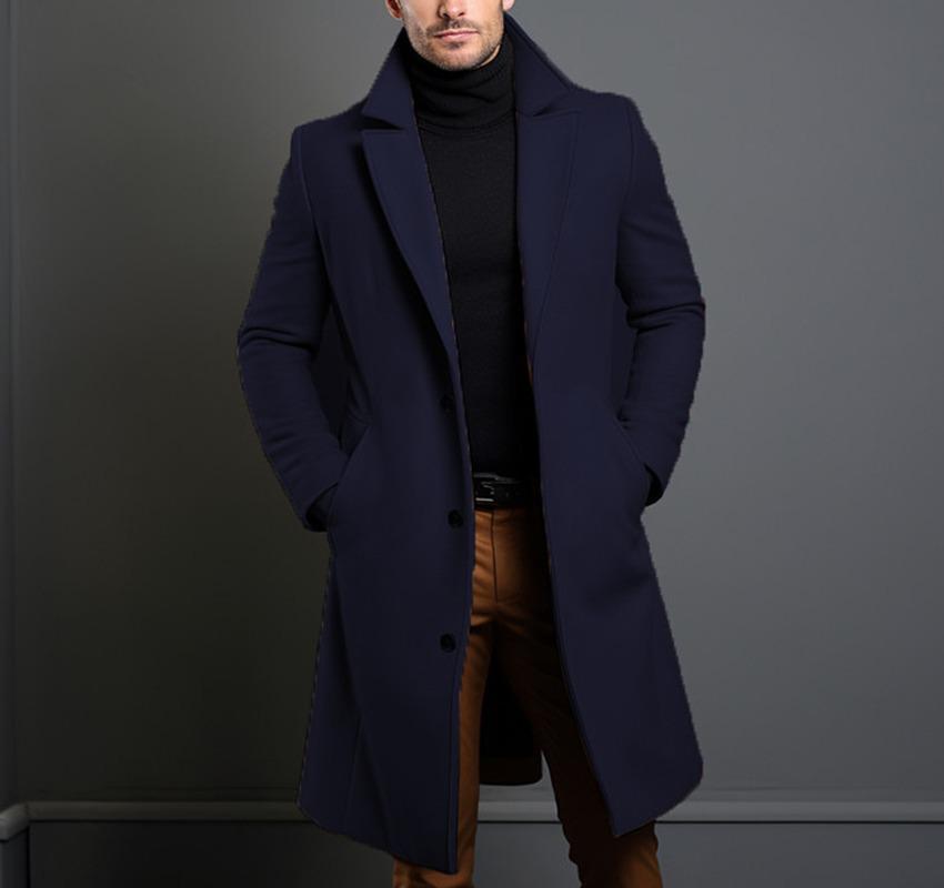 Men's Mid-Length Solid Color Woolen Coat - Warm Autumn/Winter Jacket