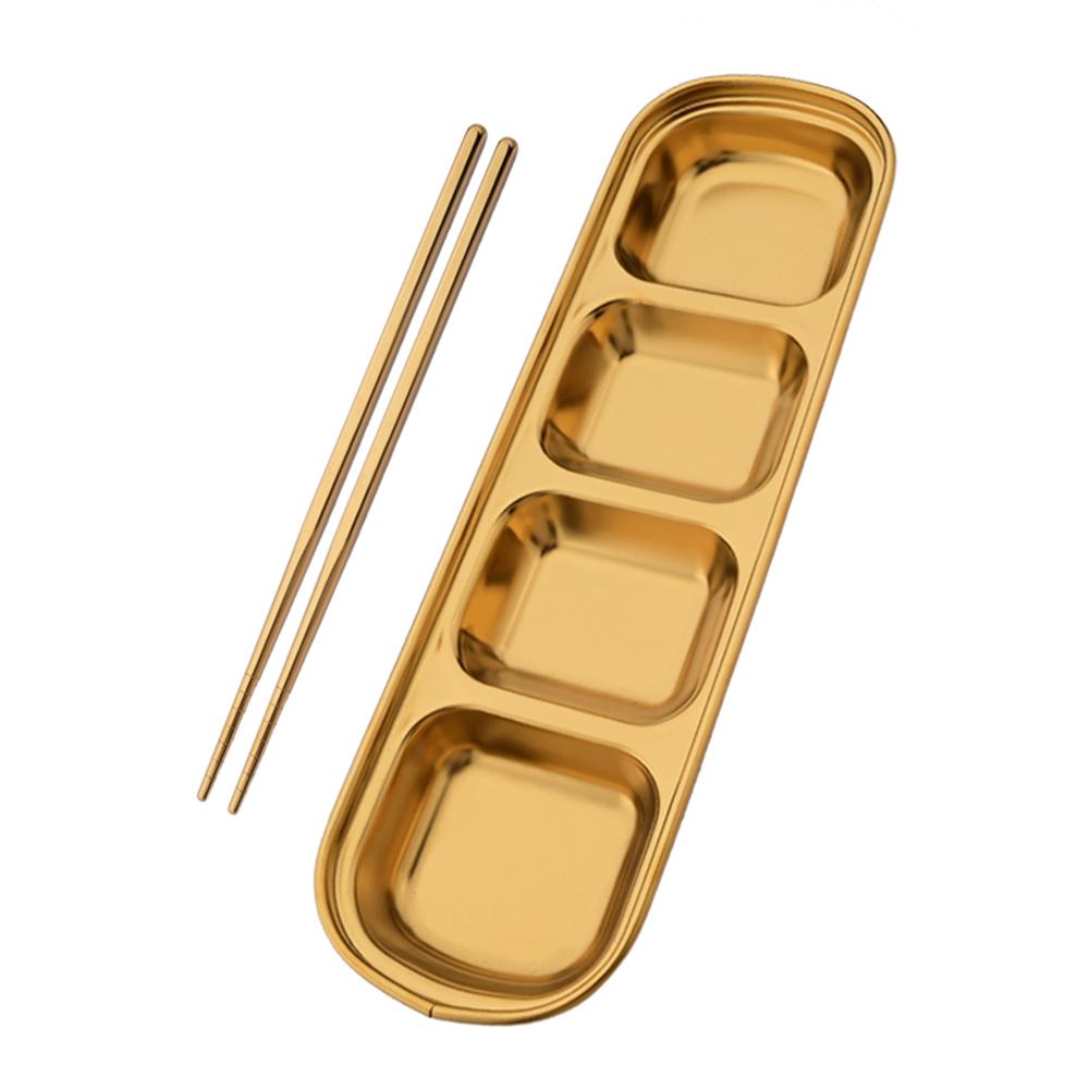 Golden Korean Style Stainless Steel Divided Dip Bowls Sauce Plate Seasoning Dipping Condiment Tray for BBQ Vinegar Spice Ketchup