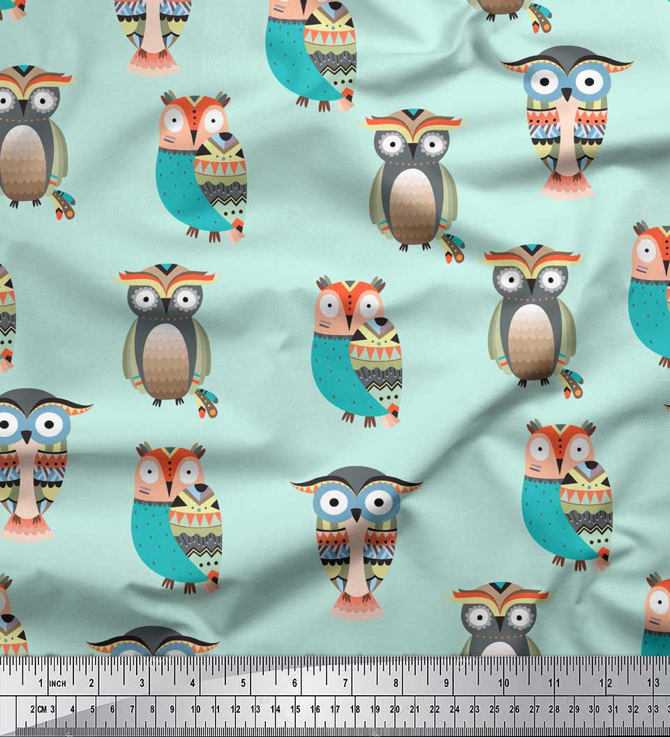 

Племінна тканина Soimoi Blue, японська креп-сатин, племінні принти на тканині Сова , метр 42 дюйми 46 Inch Wide - Rayon Crepe зелений