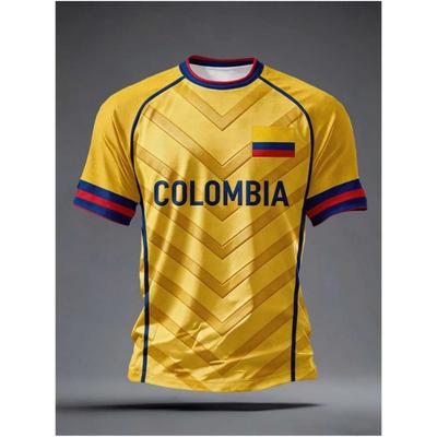 Colombia Football T-shirt, Made of Comfortable and Breathable Fabric, Yellow T-shirt with Flag Pattern, a Casual Top Suitable for Fans and Events.