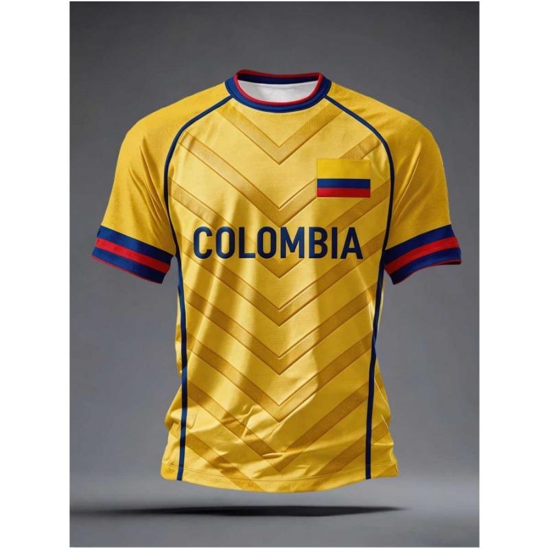 Colombia football T-shirt, made of comfortable and breathable fabric, yellow T-shirt with flag pattern, a casual top suitable for fans and events. S