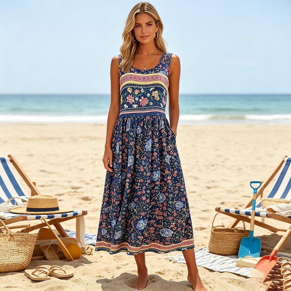 Women s Boho Floral Sleeveless Midi Dress, Flowy A-Line Summer Beach Sundress with Pockets, Casual Vacation Dresses for Beach, Daily Wear S темно-синий