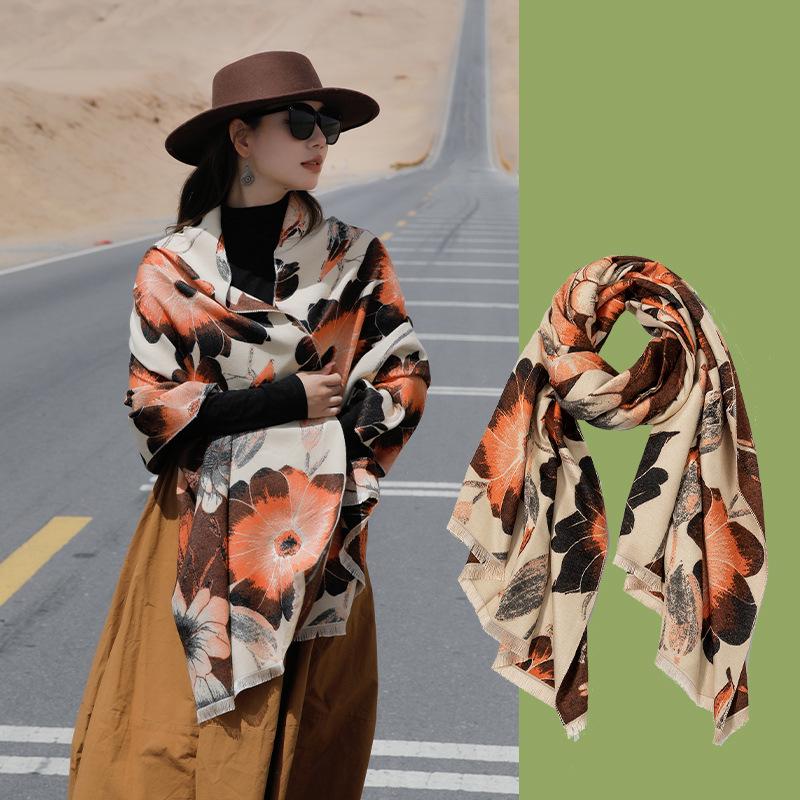 Yunnan Travel Wear Imitation Cashmere Scarf Women's New Flower Warm Fashion Large Shawl Photo Versatile Scarf