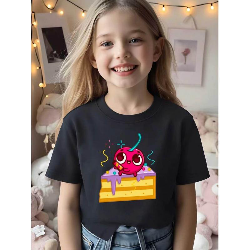 European sizes Girls' Print Short Sleeve T-Shirt, Cartoon Cherry Cake Design | Breathable Summer Outdoor Running Theme Party Campus