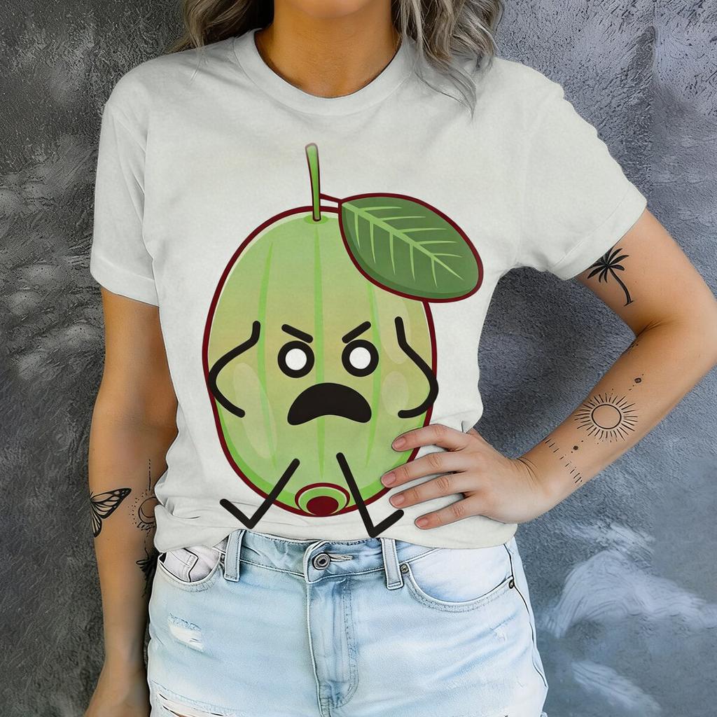 Simple cartoon cantaloupe printed short sleeved round neck T-shirt for women's summer casual versatile daily commuting top