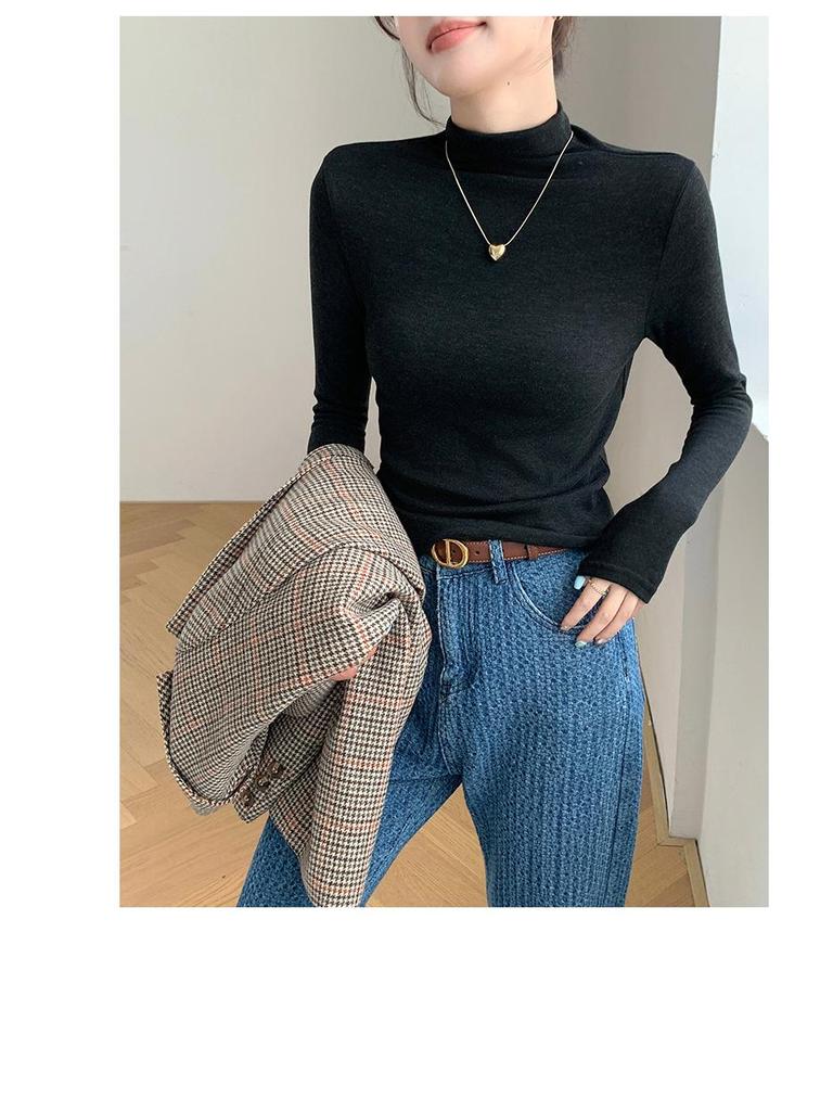 Women's H393 High Neck Warm Slimming Long Sleeve Top - Autumn/Winter Solid Color Versatile Mid-Neck Base Layer Shirt.