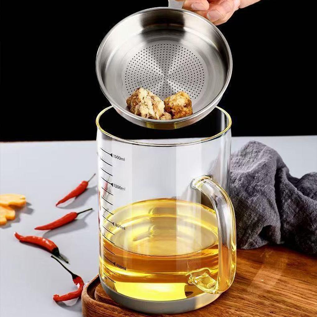 1000/1500ML Glass Oil Filter Pot with Lid - Easy-Grip Handle Kitchen Grease and Fat Separator For Cooking Oil Storage