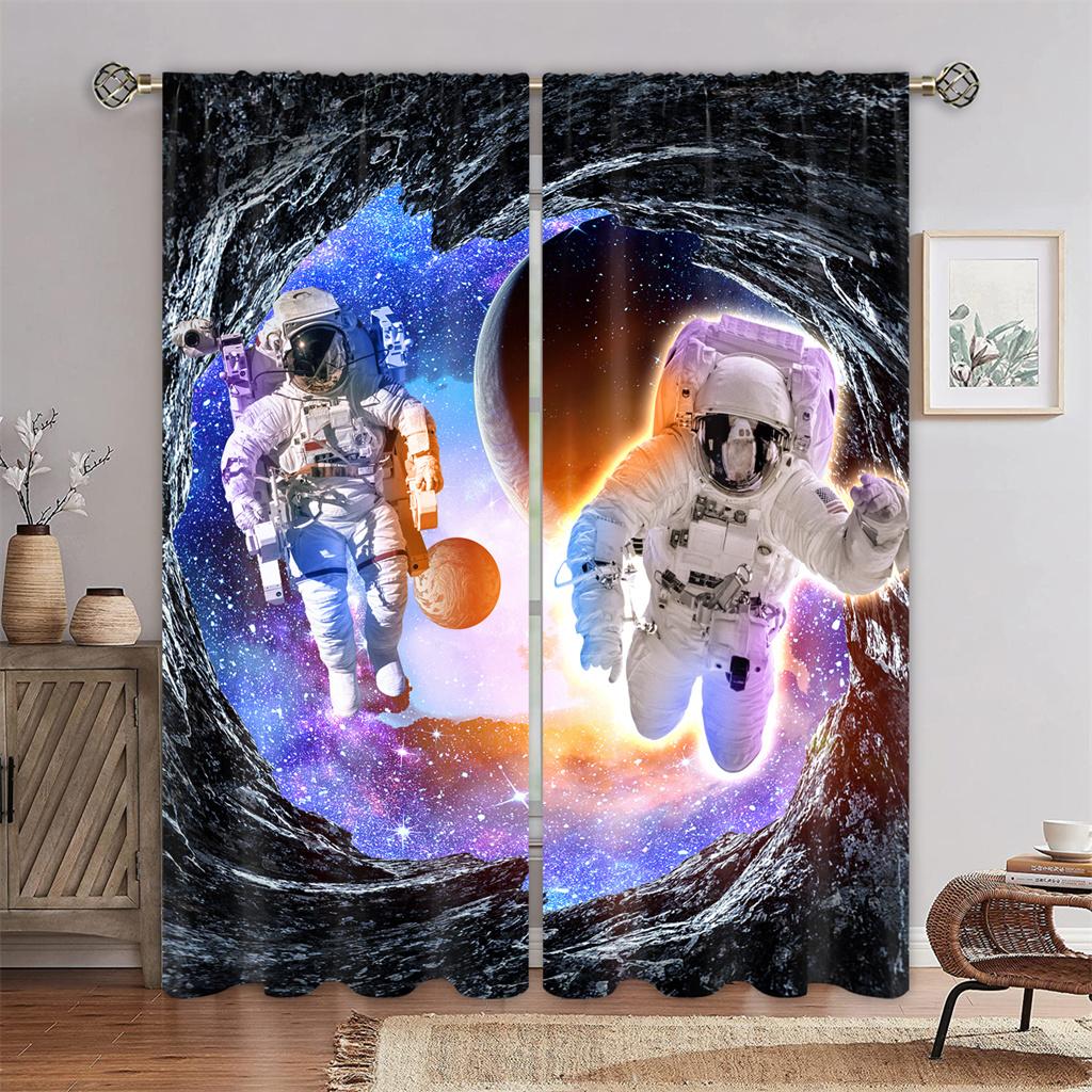 Starry Sky Astronaut Digital Print Realistic Pattern Curtain Bedchamber Children ' S Room 90g Polyester Fiber Curtain Clothtwopiece