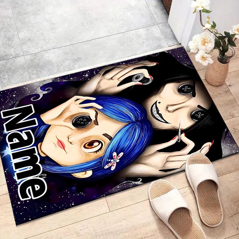 Custom Coraline Mat Personalized Name, Polyester Washable Indoor Entryway Rug, Gift for Christmas, Easter, Thanksgiving Day