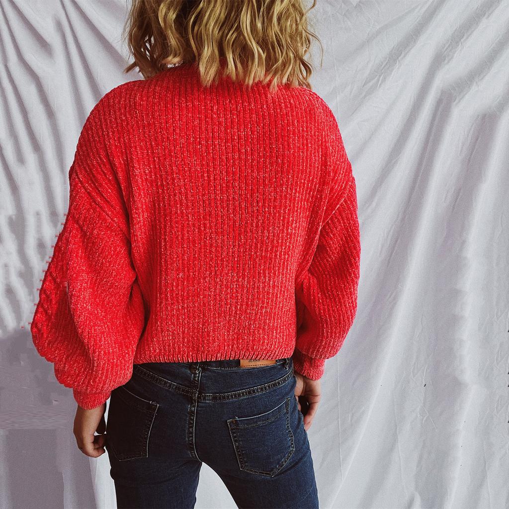 Women's Fashion Casual Round Neck Pullover Solid Color Long-sleeve Sweater Top