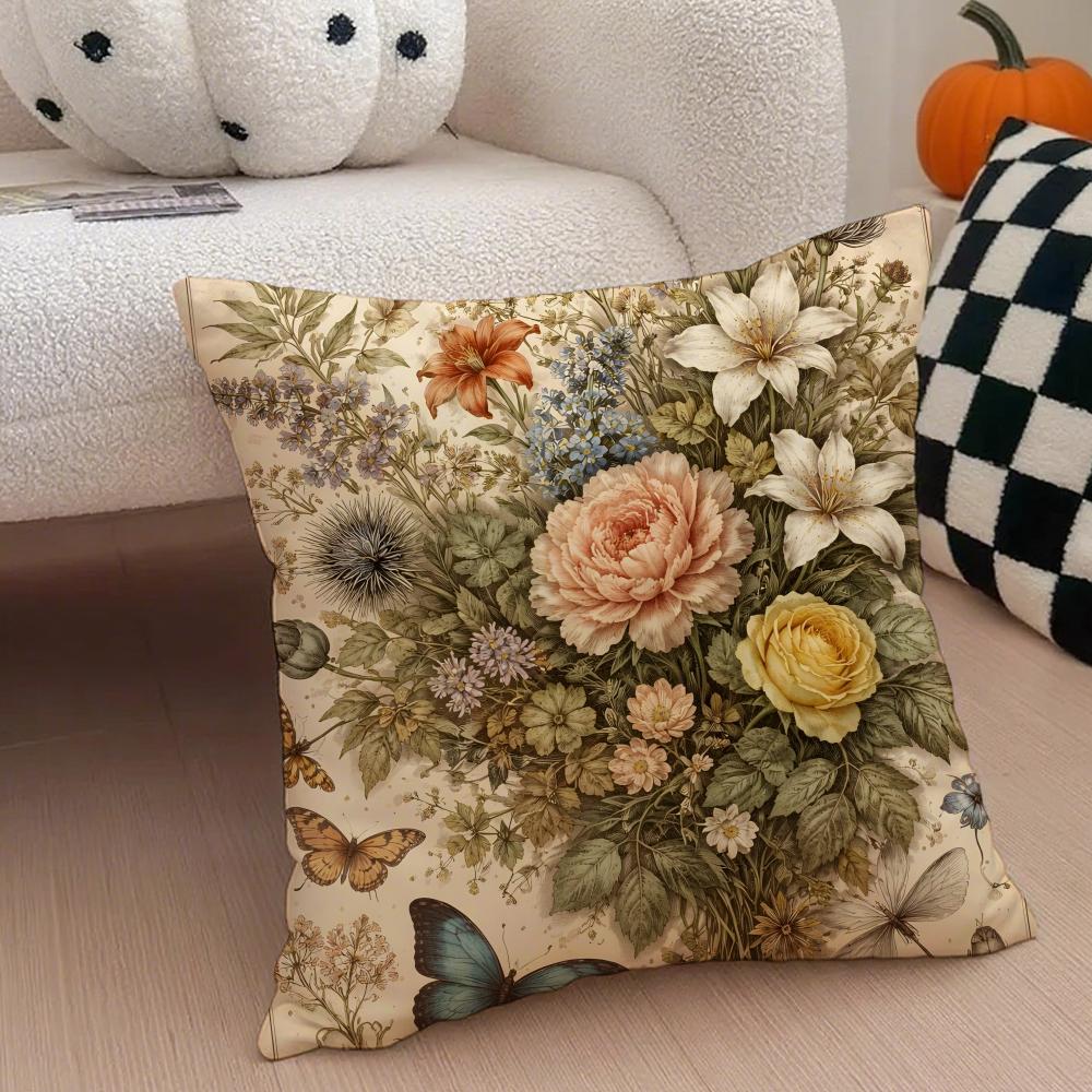 Vintage Floral Pillow Pastoral Style Cushion Cover Throw Pillow Cover Hidden Button Durable Polyester Chair Cushion