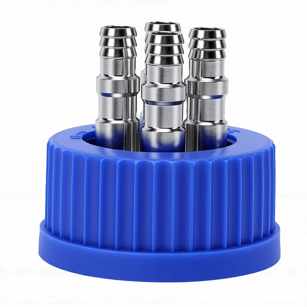 GL45 Safety Bottle Cap with 4 Port 304 Stainless Steel Interface Laboratory Liquid Mobile Phase Filling Cap Diameter 8