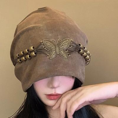 Damen Strickmütze Winter Weich Warm Beanie mit Quaste Damen Stretch Slouchy Mütze mit Perlen und Schmetterlingsdekor