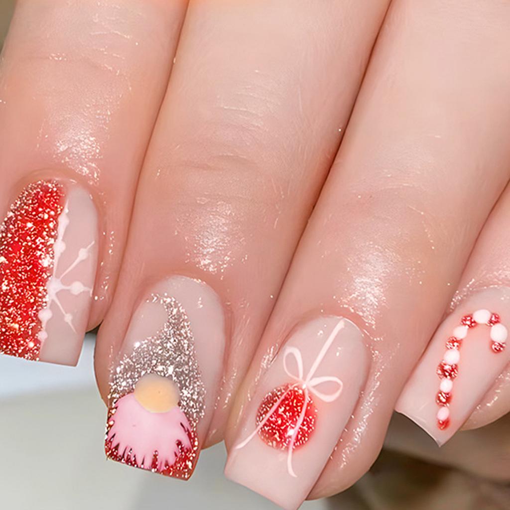 Christmas Pink Press on Nails with Flash Glitter Sweet & Charming Reusable False Nails for Women and Girl Nail Salon