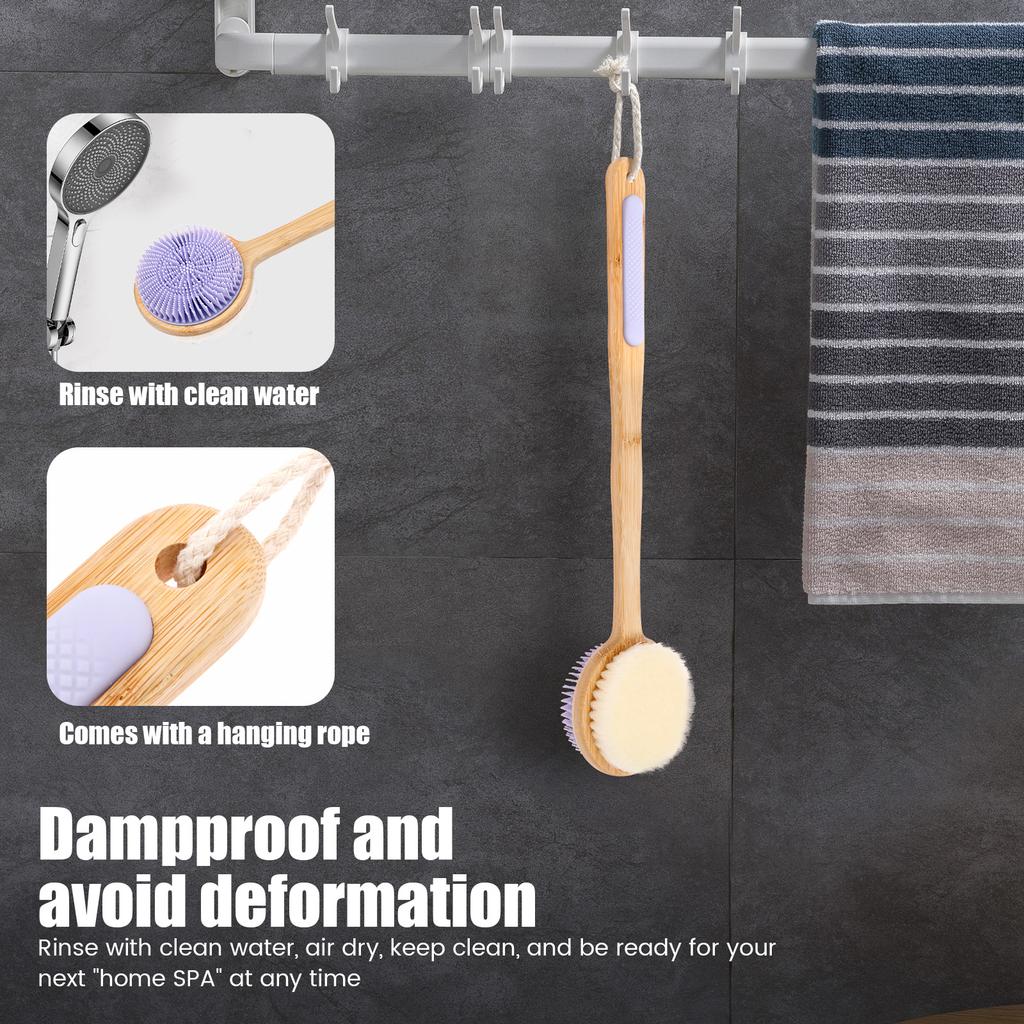 Double Sided Shower Brush Bamboo Shower Back Scrubber with Long Handle Deep Cleaning Exfoliation Body Brush Bathroom Supplies