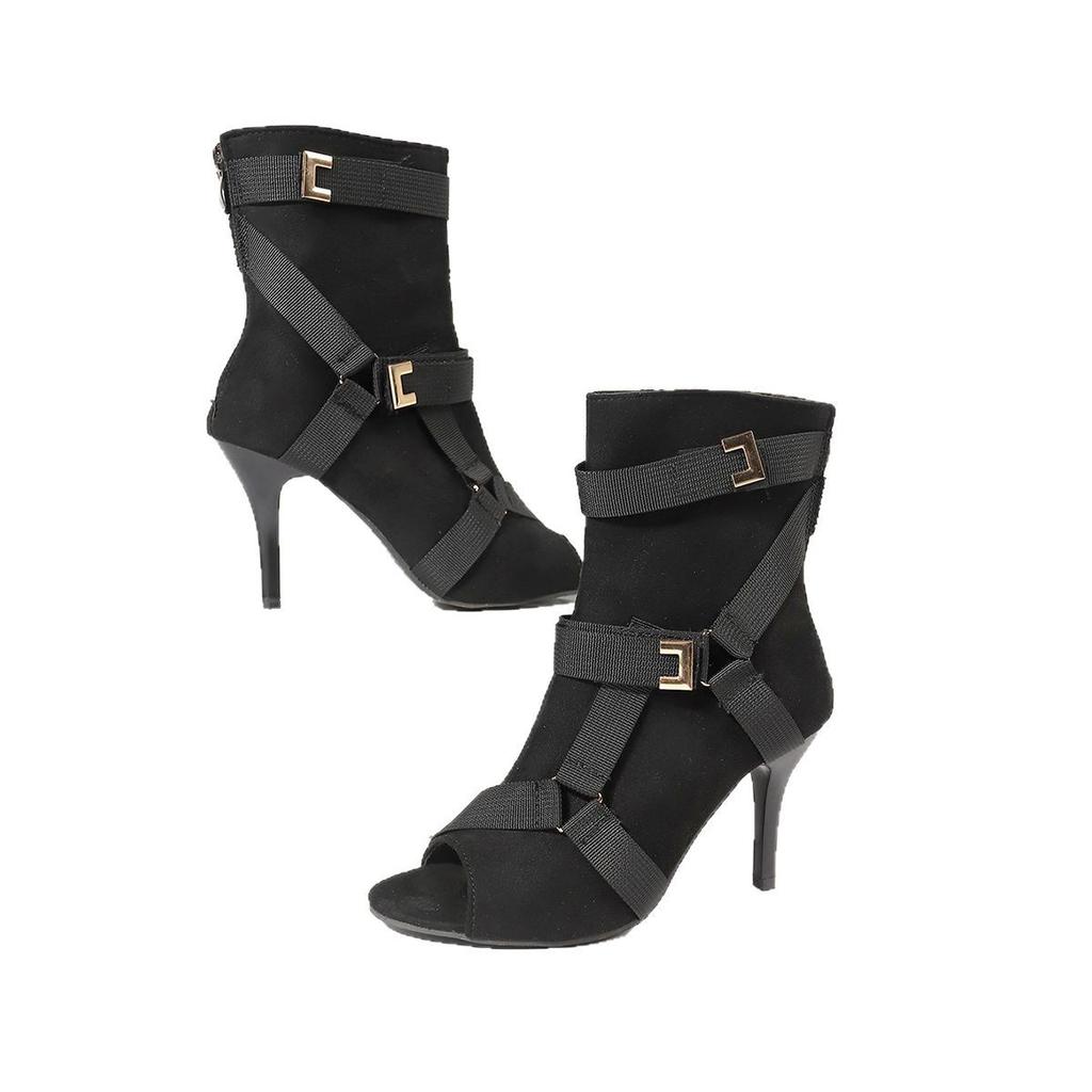 European and American Lace-up Cool Boots Women's 2025 Summer Hollow Short Boots Stiletto High Heels Dancing Shoes Large Size Open-toed Sandals