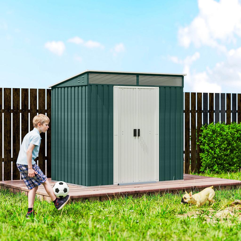 6.5 x 4FT Galvanised Metal Shed with Foundation Kit, Lockable Tool Garden Shed with Double Sliding Doors, Vents, Green