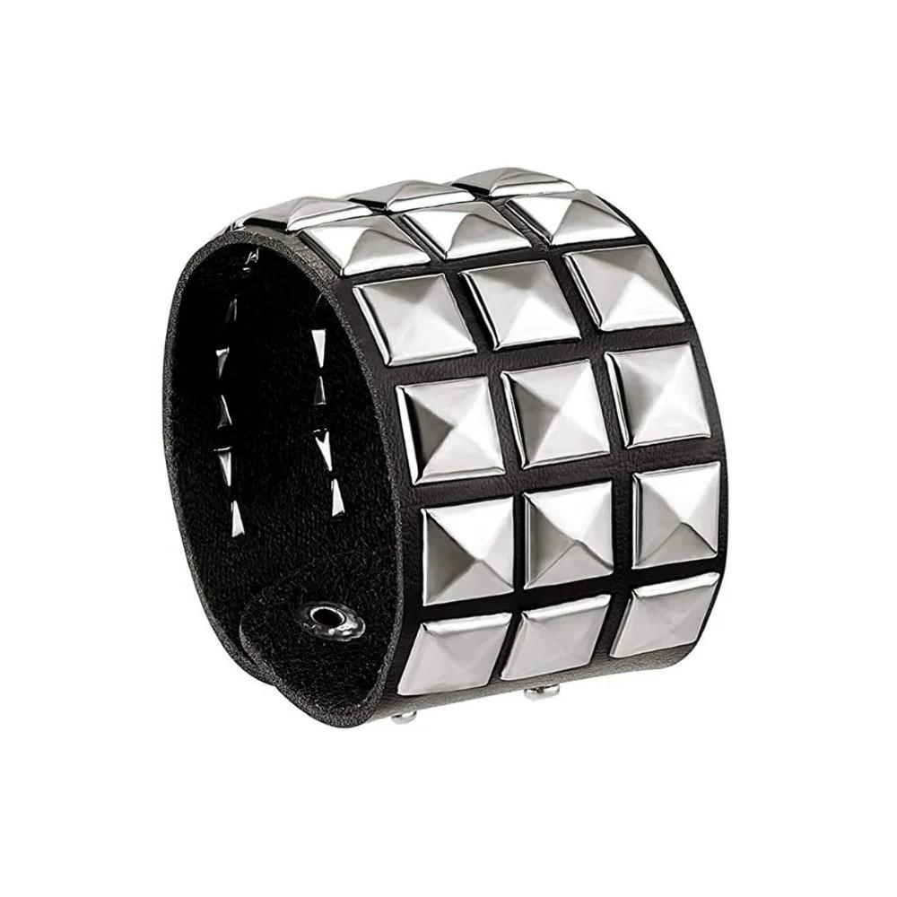 Black Leather Goth Square Washer Rivet Bracelet Cuff Wristband Punk Stainless Steel Bracelets for Armbands Men Women Party Gift