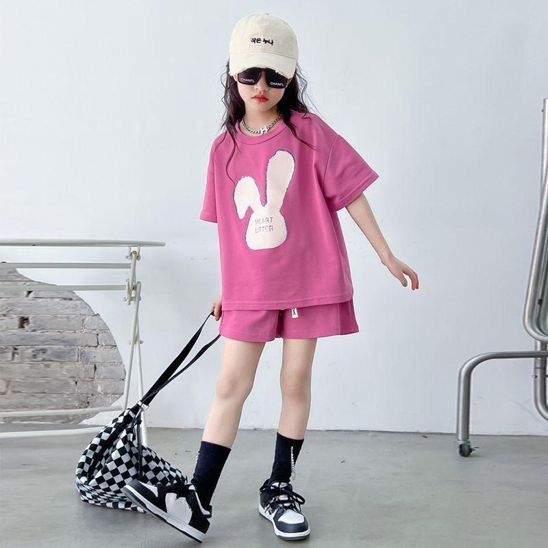 

Летний комплект для девочек, летний детский спортивный комплект с коротким рукавом из двух предметов 140 розы красного