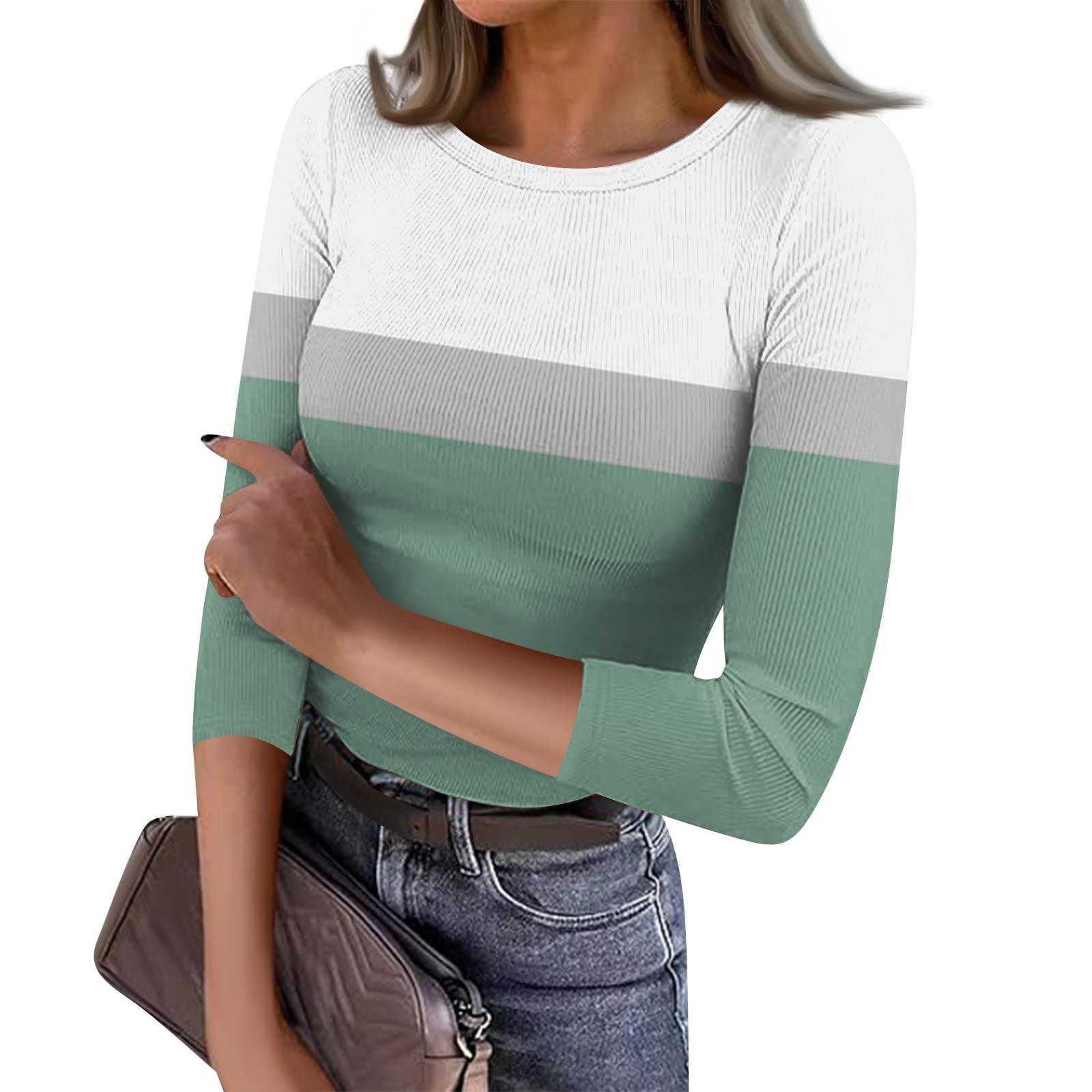 

Women s Slim Bottom T-shirt Fashion Casual Stripe Printed Round Neck Pullover Seven Sleeve Top S