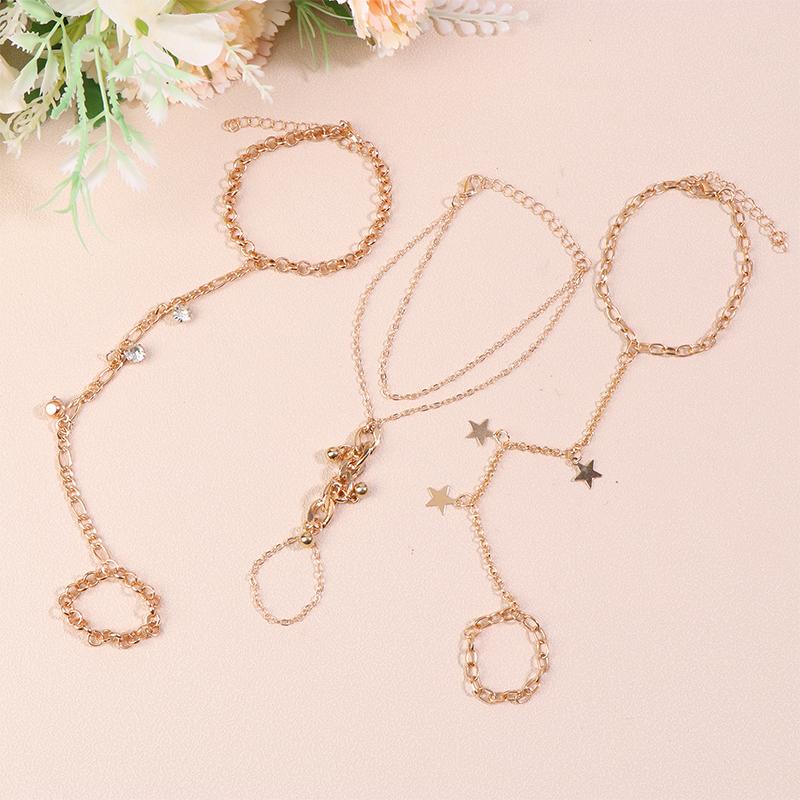 Pendant Chain Bracelet Link Connected Gold Colour Wide Finger Ring Bracelets For Women Link Hand Harness Jewelry