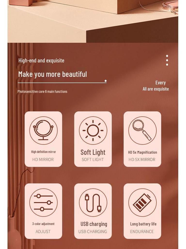 Rechargeable LED Makeup Mirror with Adjustable Three-Color Natural Light and One-Touch Control for Dressing Table