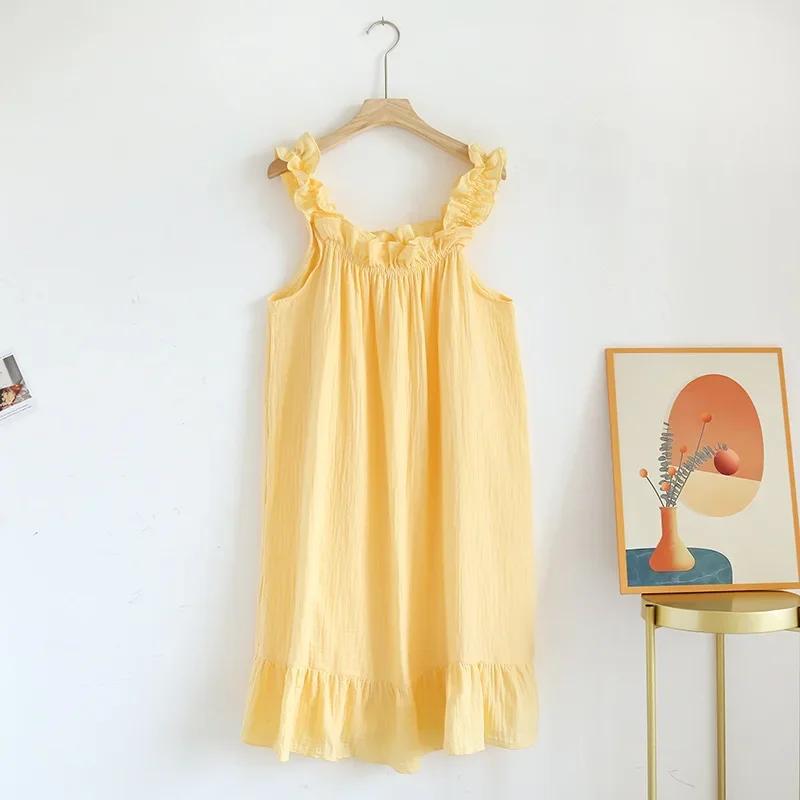 Ladies Summertime Cotton Yarn Pure Cotton Thin Suspender Nightdress Loose Mid-length Sweet and Lovely Long-cut Home Dress Camisola Sexy
