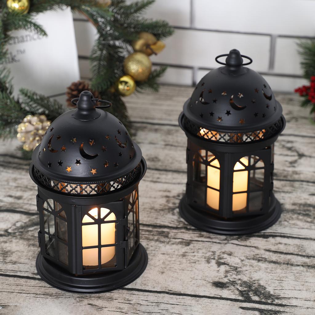 2Pcs Vintage Candle Holder Lantern Metal Hanging Candleholder for Indoor Outdoor Weddings Home Decor (Black)