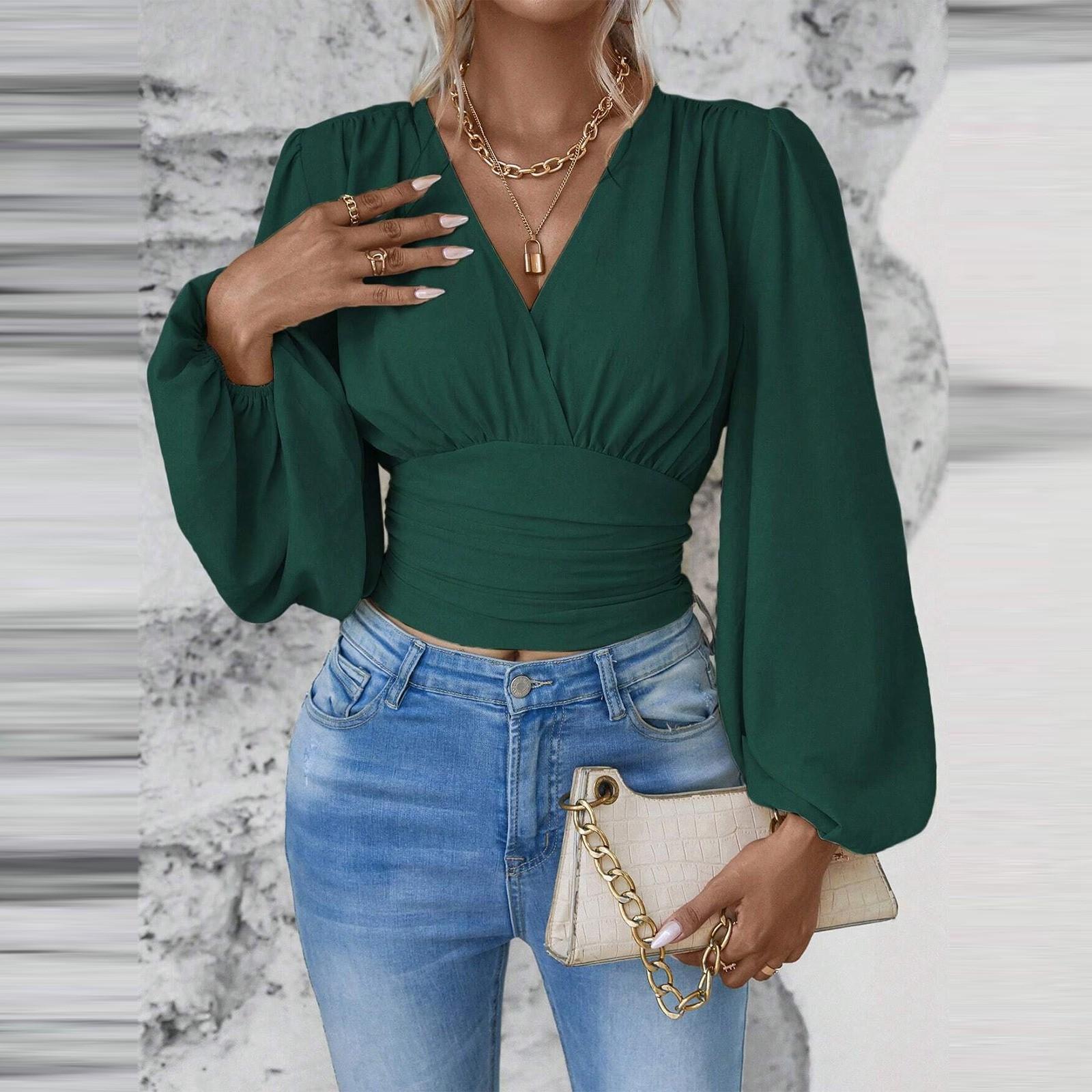 

Жіноча модна одноколірна плісирована футболка з V-подібним вирізом і довгими рукавами M