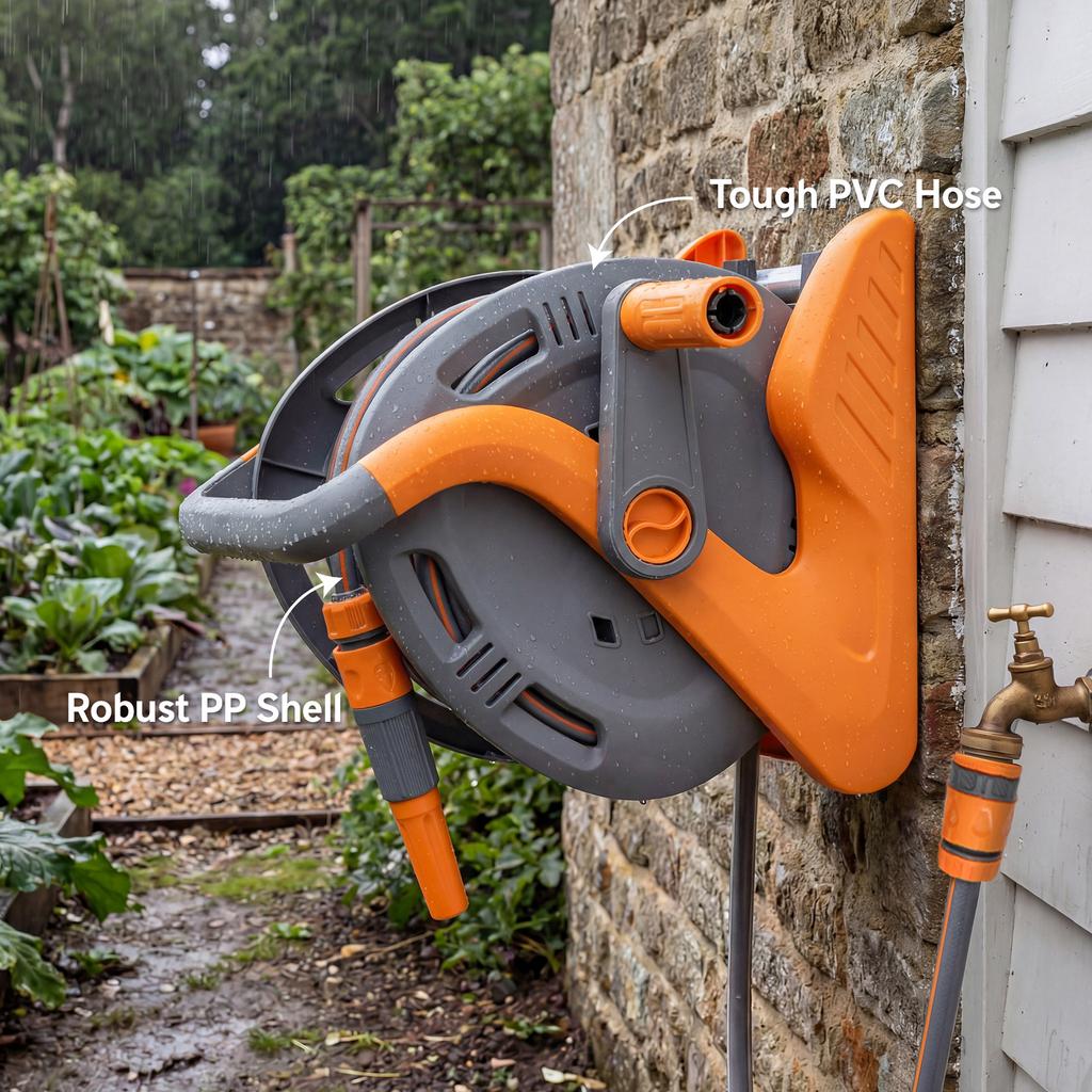 Portable Garden Hose Reel, 20+2 m Wall Mounted Hose Reel with 2 Patterns Spray Nozzle and Crank Handle, Orange