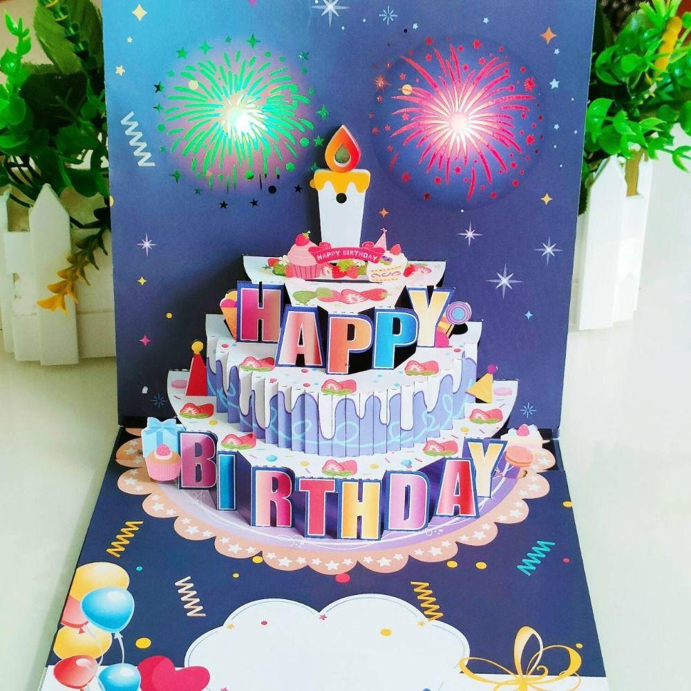 Blowable Led Candle Happy Birthday Card Fireworks Effect Birthday Cake Postcards Child